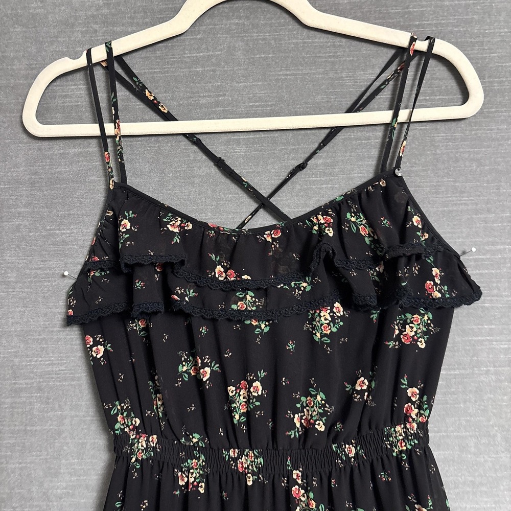 Guess Dress 4 Black Floral Maxi Ruffle Tiered Strappy Sundress Boho Summer Beach - Picture 2 of 10